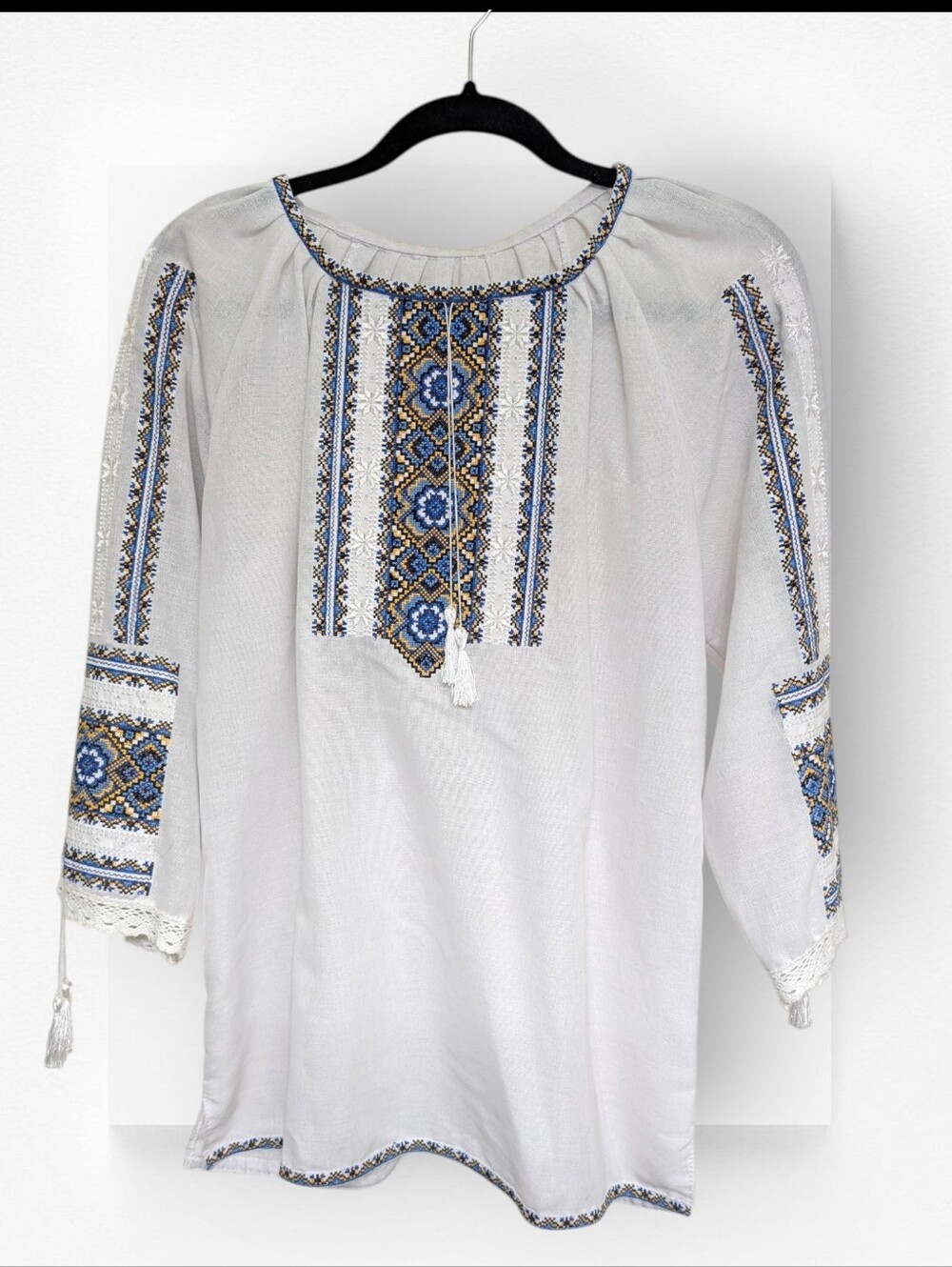 Traditional Ukrainian Vyshyvanka Hand Embroidered White Blue Yellow Small